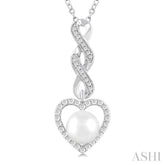 7 MM Round Shape Cultured Pearl and 1/4 ctw Heart Frame Round Cut Diamond Fashion Pendant With Chain in 10K White Gold